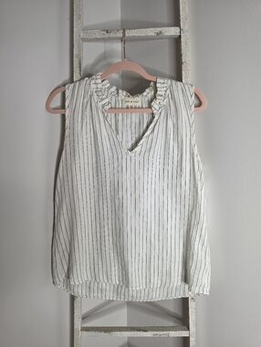 Anthropologie Cloth & Stone Women's Large Linen Blend Stripe Ruffle Collar Top